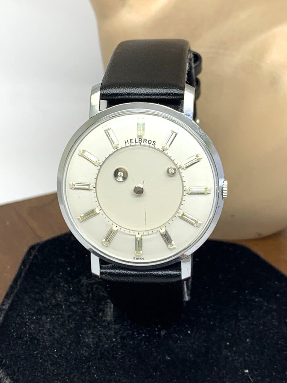 Helbros Mystery Dial Watch Vintage Swiss Hand Wind Steel Case Leather Band 36mm